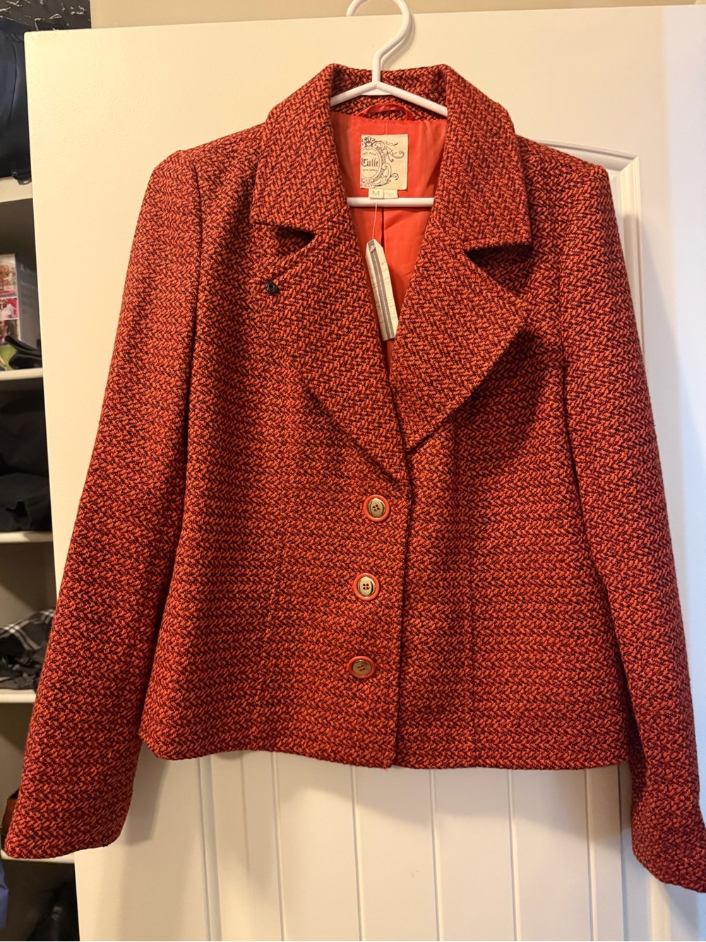 Tulle Red Tweed Button-Front Blazer Jacket